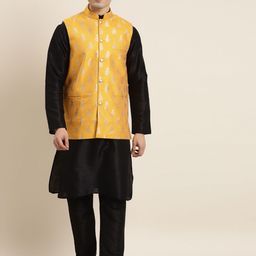 SOJANYA Men Black & Mustard Yellow Kurta with Churidar & Woven Design Nehru Jacket-9
