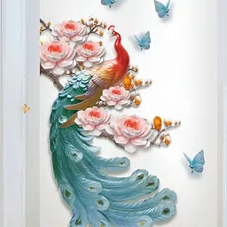 Jaamso Royals Blue & Pink Peacock Printed Self-Adhesive Removable Wall Sticker-4