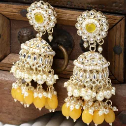 ZENEME Gold-Plated Dome Shaped Kundan Studded Jhumkas-16