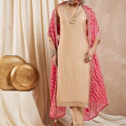 KAVINDI Ethnic Motifs Yoke Design Silk Chiffon Kurta With Trousers & Dupatta-image-13