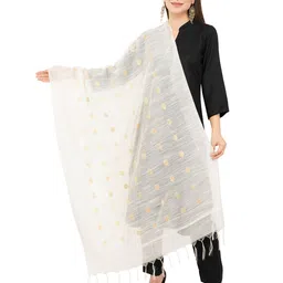 Rhe-Ana Women Off White & Gold-Toned Ethnic Motifs Woven Design Art Silk Dupatta-32
