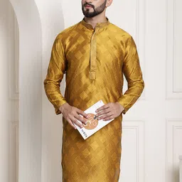 SOJANYA Men Mustard Yellow Ethnic Motifs  Jacquard Silk Kurta-image-94