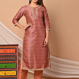 PUKHYA Ethnic Motifs Printed Chanderi Silk Regular Kurta with Trousers-image-5