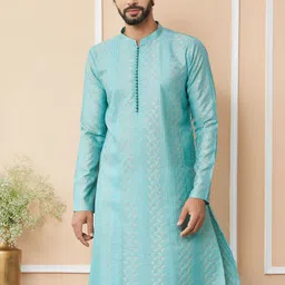 See Designs Mandarin Collar Ethnic Motifs Thread Work Chanderi Silk Kurta-29