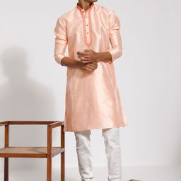 VASTRAMAY Men Floral Yoke Design Regular Thread Work Dupion Silk Kurta with Churidar-picture-1