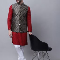 SOJANYA Men Ethnic Motifs Embroidered Pure Cotton Kurta With Churidar & Nehru Jacket-picture-10