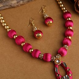 AKSHARA Gold-Plated White Stone-Studded Pink Wooden Balls Silk Thread Jewellery Set-image-83