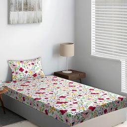 DECOR VATIKA White Floral 144 TC Single Fitted Bedsheet with Pillow Cover-image-18