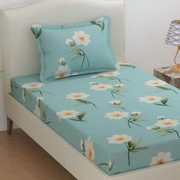 DECOR VATIKA Green Floral 144 TC Single Fitted Bedsheet with Pillow Cover-image-74