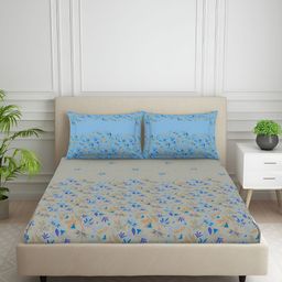 SPACES Beige & Blue Floral Printed Cotton 144 TC Queen Bedsheet With 2 Pillow Covers-image-48