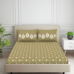 SPACES Beige & White Ethnic Motifs Cotton 144 TC Queen Bedsheet With 2 Pillow Covers-90