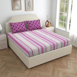 Salona Bichona Pink & White Geometric 120 TC King Bedsheet with 2 Pillow Covers-image-48