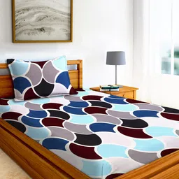 AEROHAVEN Blue & Grey Geometric 210 TC Flat Cotton Single Bedsheet with 1 Pillow Cover-image-75