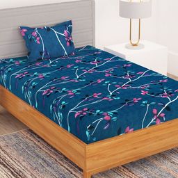 Bedspun Navy Blue & Pink Floral Microfiber 180 TC Single Bedsheet With 1 Pillow Cover-image-20