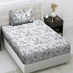 Arrabi Cream-Coloured & Blue Floral 300 TC Single Bedsheet with Pillow Cover-image-58