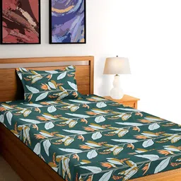 Arrabi Green & White Ethnic Motifs 300 TC Single Bedsheet With 1 Pillow Cover-image-55