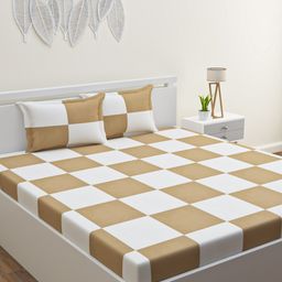 HAPPY HUES Brown & White Geometric 104 TC Queen Bedsheet with 2 Pillow Covers-7