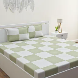 HAPPY HUES Green & White Geometric 120 TC Queen Bedsheet with 2 Pillow Covers-image-35
