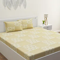 HAPPY HUES Beige & White Geometric 120 TC Queen Bedsheet with 2 Pillow Covers-image-38