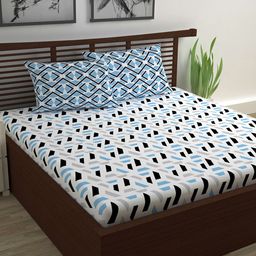 Divine Casa Blue & White Geometric 120 TC Queen Bedsheet with 2 Pillow Covers-image-99