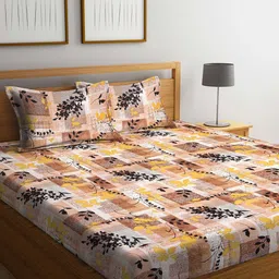 Home Sizzler Brown & Yellow Floral 144 TC Queen Bedsheet with 2 Pillow Covers-43