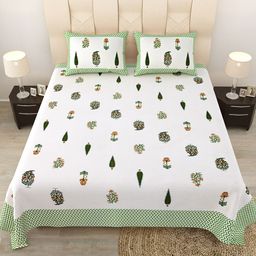 JAIPUR FABRIC Green & White Floral 180 TC Queen Bedsheet with 2 Pillow Covers-image-52