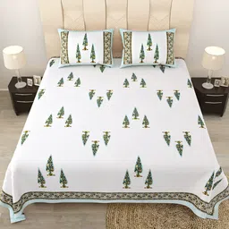 JAIPUR FABRIC Green & White Floral 180 TC Queen Bedsheet with 2 Pillow Covers-image-90