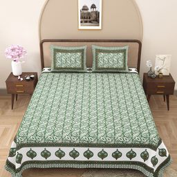 JAIPUR FABRIC Green & White Floral 180 TC Queen Bedsheet with 2 Pillow Covers-image-28