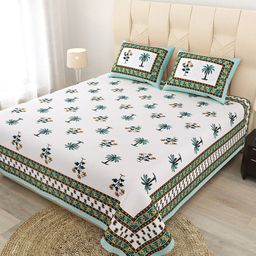 JAIPUR FABRIC Green & White Floral Cotton Flat Queen Bedsheet with 2 Pillow Covers-image-57