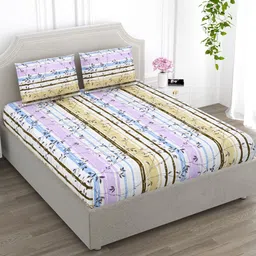 EverHOME White & Lavender Striped Cotton 210 TC Queen Bedsheet with 2 Pillow Covers-image-42