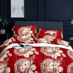 Bajo's Red & Cream-Coloured Floral 300 TC Cotton Queen Bedsheet with 2 Pillow Covers-17