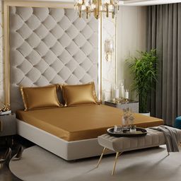 Stoa Paris Date Night Gold Fitted 300 TC Queen Satin Bedsheet with 2 Pillow Covers-image-93