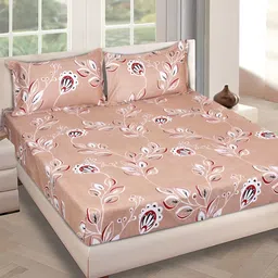 ROMEE Beige & White Floral Printed 144 TC Queen Bedsheet With 2 Pillow Covers-image-75