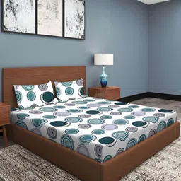 ROMEE White & Green Geometric Printed 186 TC Queen Bedsheet with 2 Pillow Covers-23