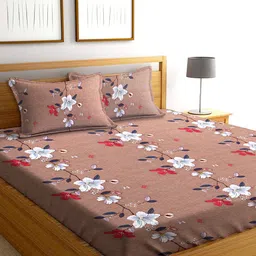 AEROHAVEN Brown & White Floral 210 TC Flat Cotton King Bedsheet with 2 Pillow Covers-image-94