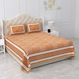 Qfab Orange Geometric Cotton 300 TC King Bedsheet with 2 Pillow Covers-image-76