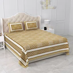 Qfab Yellow & White Geometric Printed 300 TC Cotton King Bedsheet with 2 Pillow Covers-11