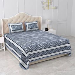 Qfab Blue & White Geometric Printed 300 TC Cotton King Bedsheet with 2 Pillow Covers-image-60