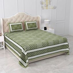 Qfab Green Geometric Cotton 300 TC King Bedsheet with 2 Pillow Covers-image-49