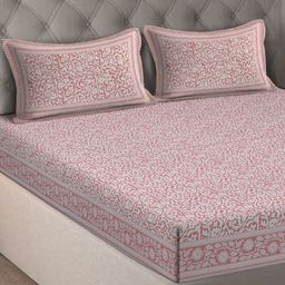 Rajasthan Decor Peach-Coloured & White Floral 180 TC King Bedsheet with 2 Pillow Covers-image-65
