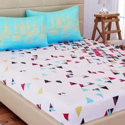 SEJ by Nisha Gupta White & Blue Flat 180 TC 1 King Bedsheet with 2 Pillow Covers-image-90