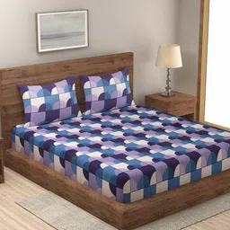 TAG 7 Blue & Purple Geometric 210 TC Cotton King Bedsheet with 2 Pillow Covers-87