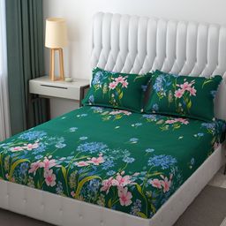 Furnistitchs Green Floral 300 TC Fitted King Bedsheet with 2 Pillow Covers-image-40