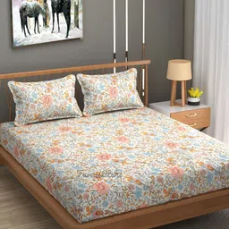 Furnistitchs White Floral 300 TC Fitted King Bedsheet with 2 Pillow Covers-picture-13