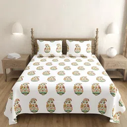 BED-SHEET.COM White & Green Printed Cotton 240 TC King Bedsheet With 2 Pillow Covers-image-80