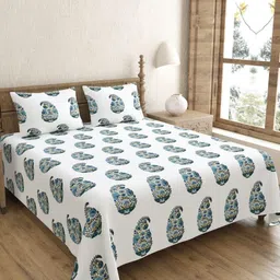 JAIPUR FABRIC White Ethnic Motifs Cotton 240 TC Double King Bedsheet with 2 Pillow Covers-image-10