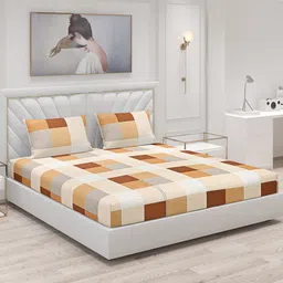 Monte Carlo Inspire Beige & Brown Geometric 130 TC King Bedsheet with 2 Pillow Covers-picture-1