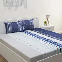 HOME AFFAIRS White & Blue Geometric Pure Cotton 210 TC King Bedsheet With 2 Pillow Covers-image-10