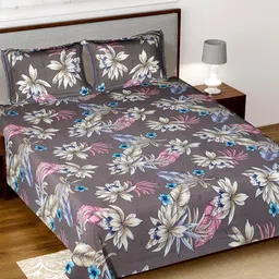 Kuber Industries Grey & Blue Floral 160 TC King Bedsheet with 2 Pillow Covers-image-58