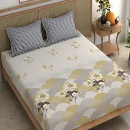 Srijee Decors Beige & Grey Floral 210 TC Fitted King Bedsheet With 2 Pillow Covers-picture-26